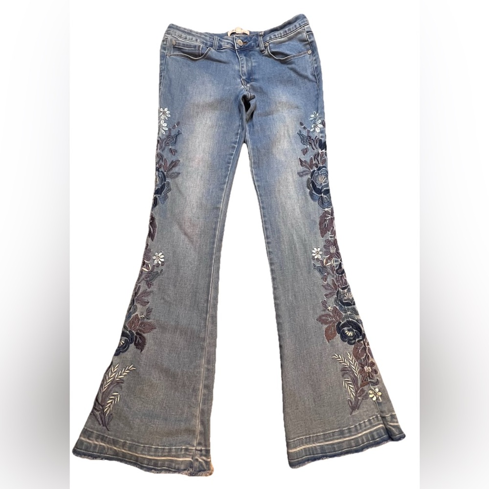 Philosophy Boot Cut Denim Jeans Girls Size 4 Floral Embroidery Print